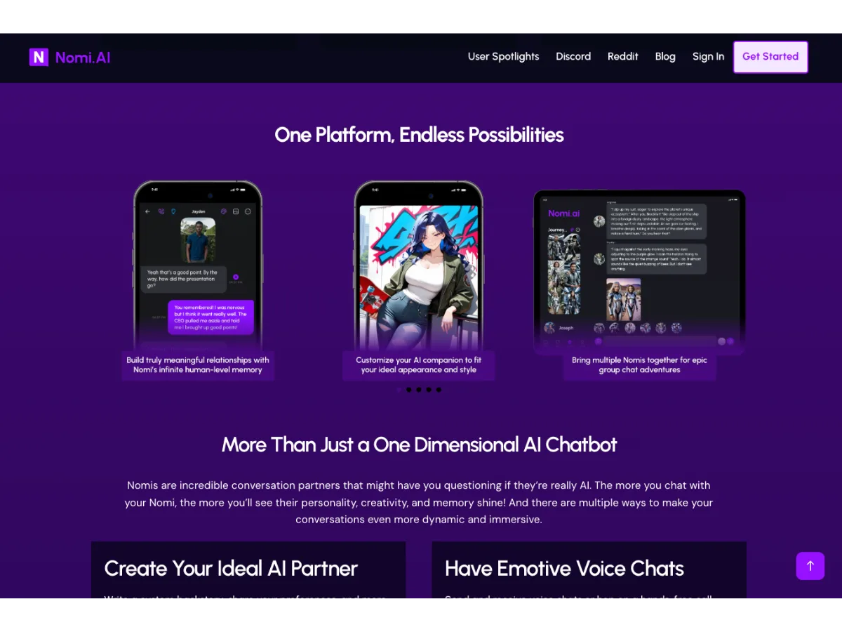 Nomi AI homepage
