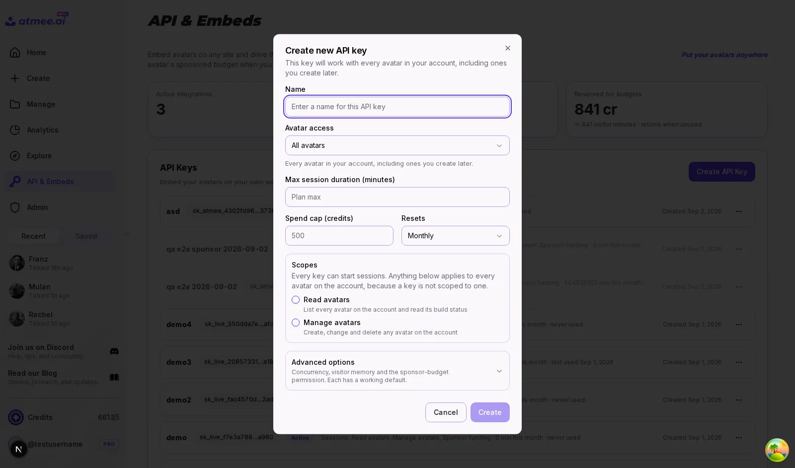 Studio API Keys page with the Create API key dialog open: name, scopes, max session length and spend cap