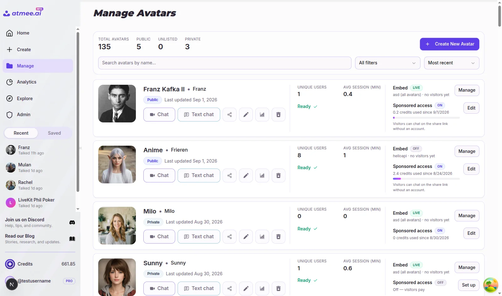 Studio Manage page listing the account's avatars with their status