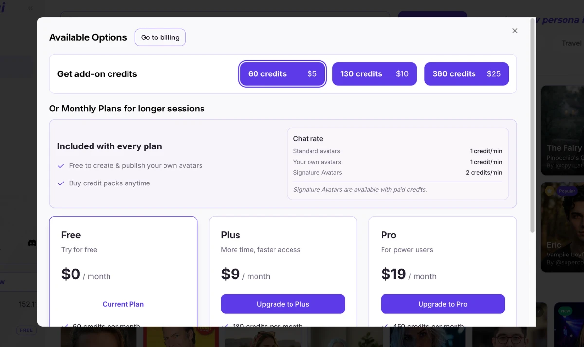 Atmee billing modal showing the Free $0, Plus $9, and Pro $19 monthly plans, add-on credit packs, and per-minute chat rates