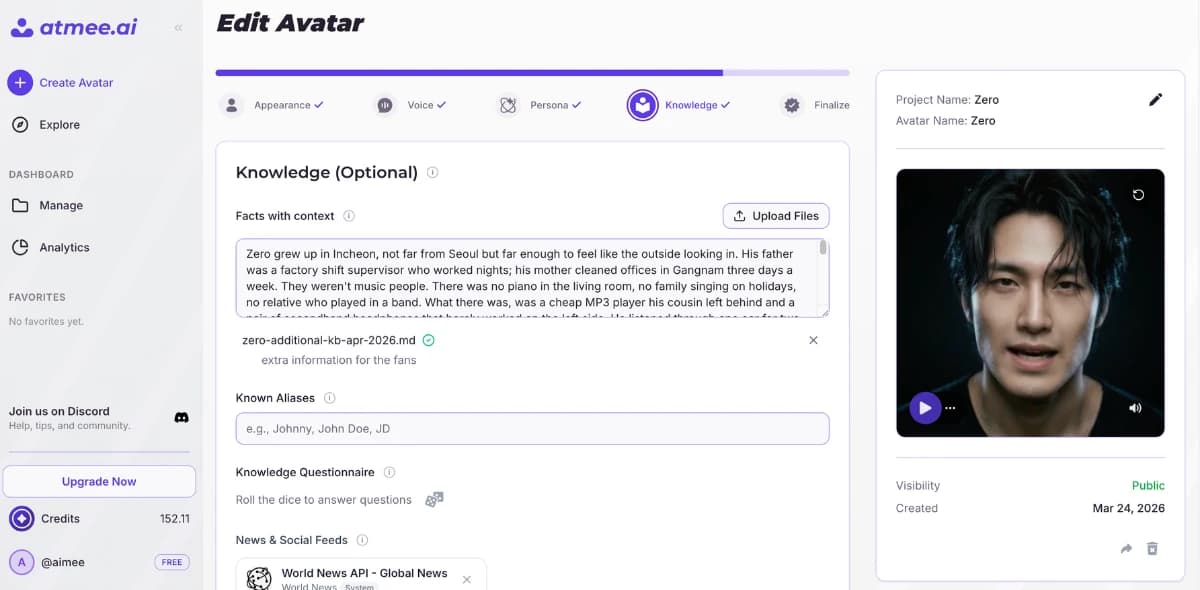 Atmee Edit Avatar builder on the Knowledge step, showing a persona's backstory, uploaded facts file, known aliases, and news feeds alongside a live avatar preview