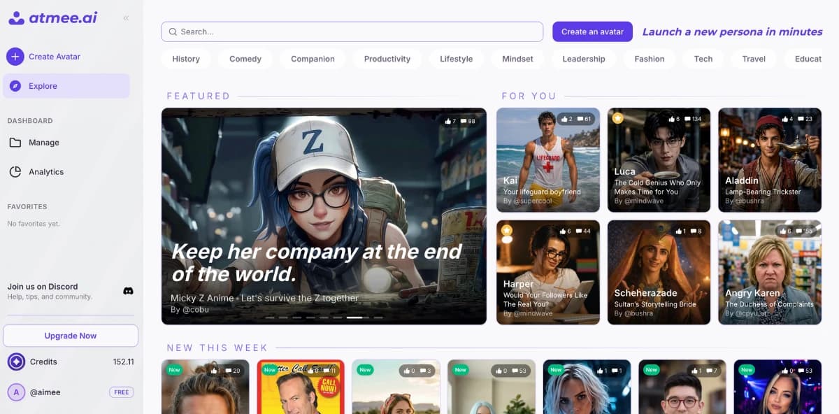 Atmee Explore page showing featured and for-you AI personas, each with a category and creator, that you can call