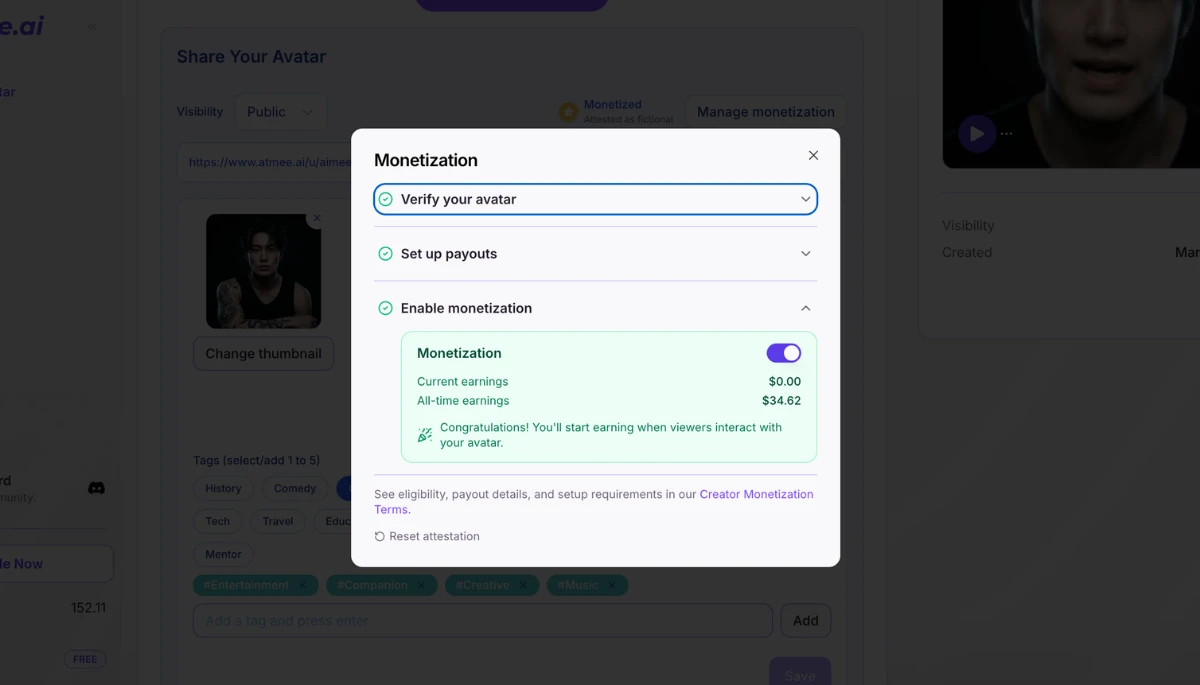 Atmee monetization modal showing the three setup steps (verify avatar, set up payouts, enable monetization) with current and all-time earnings