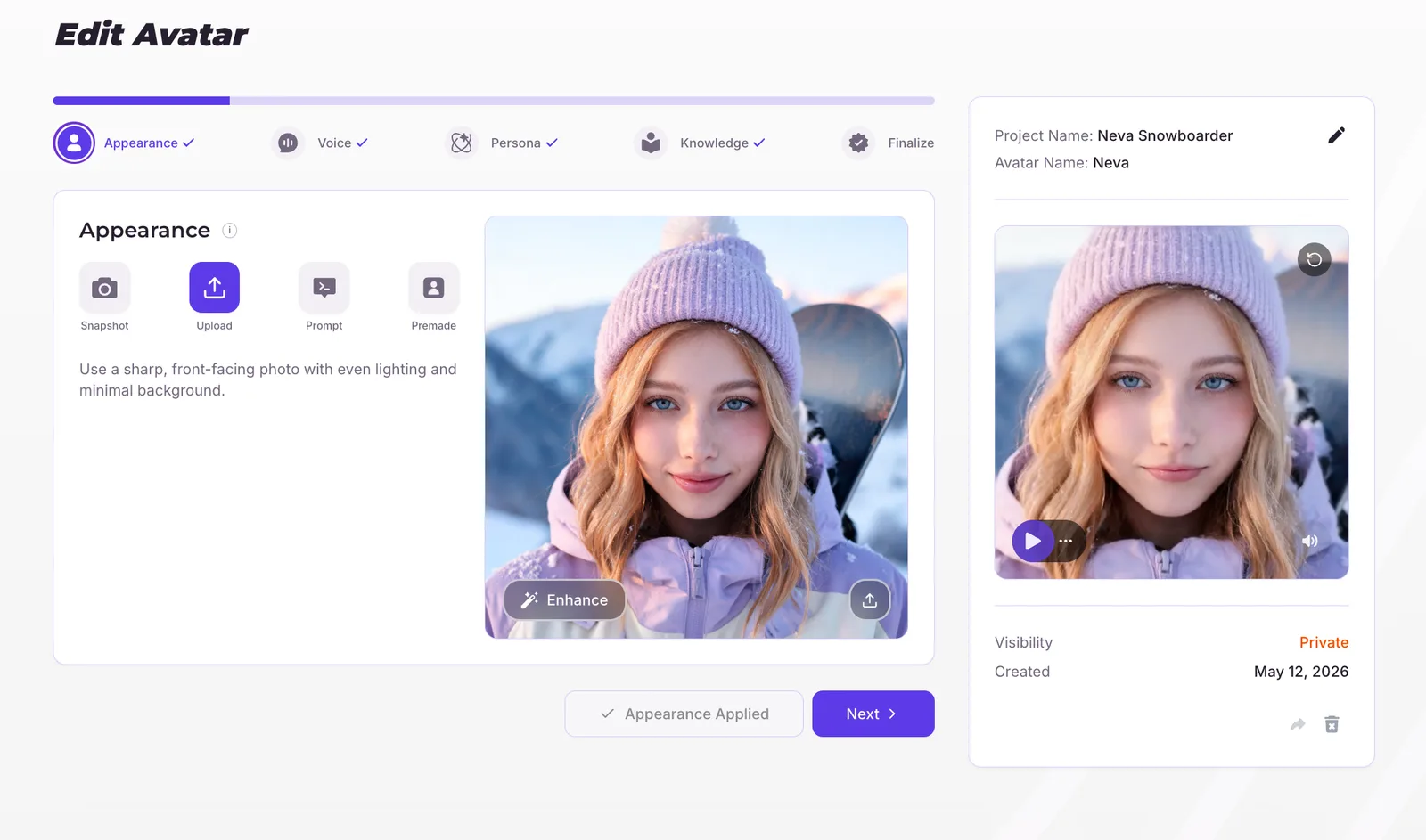 Atmee Studio avatar editor showing the Appearance step with an uploaded photo and the preview panel